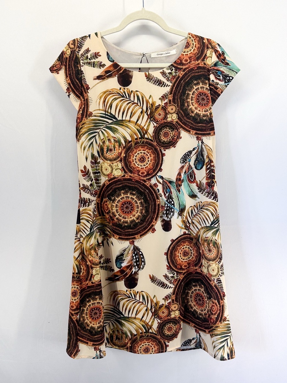 Giorgia & Johns Crepe Boho Feather Mandala Print Shift Mini Dress Made in Italy